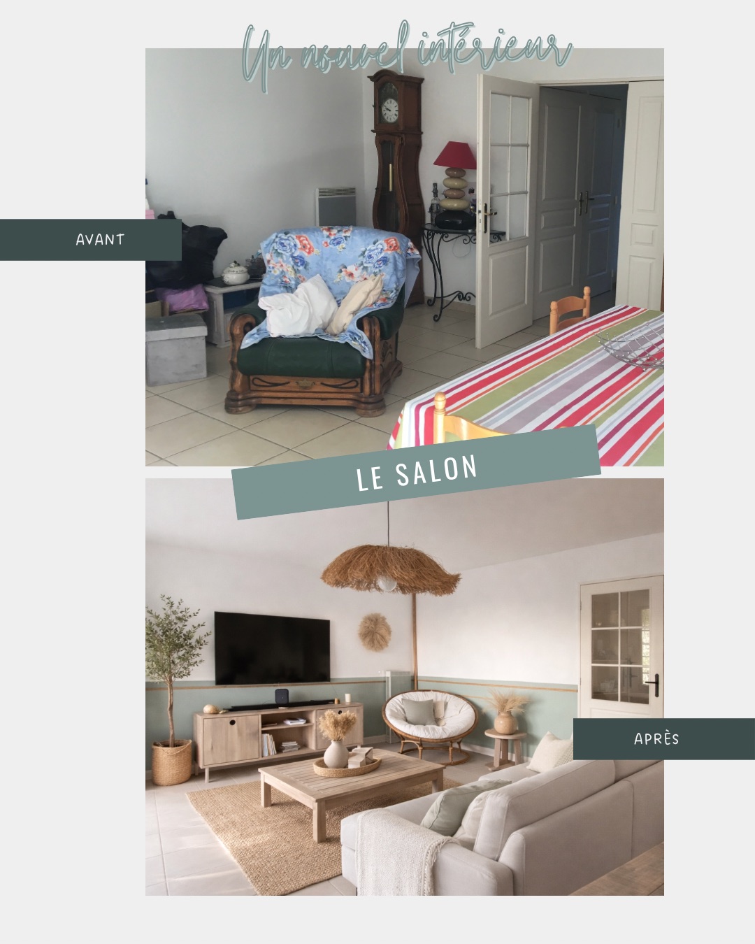 Avant / Après — le salon : matières naturelles et volumes apaisés