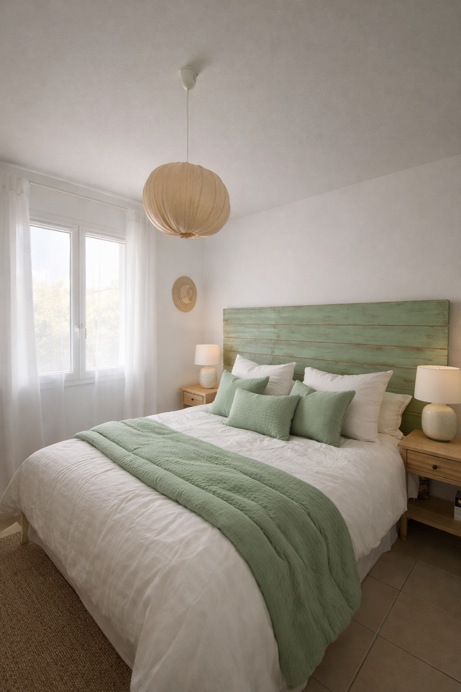 Chambre lumineuse, tête de lit céladon et linge en lin